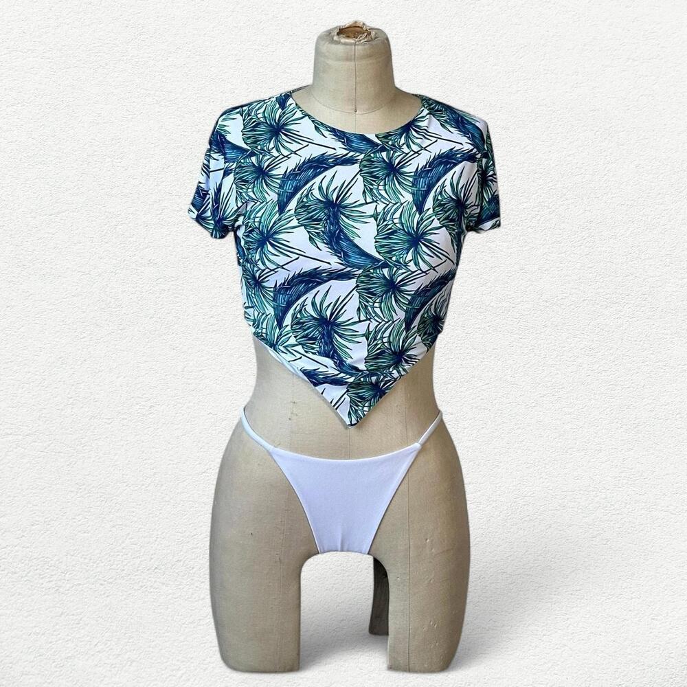 Palm Tree Print Swim Tee in White, Blue & Green